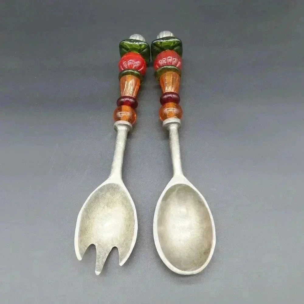 Handcrafted Large Serving Spoon Fork Set with Beaded Handles Vintage MCM